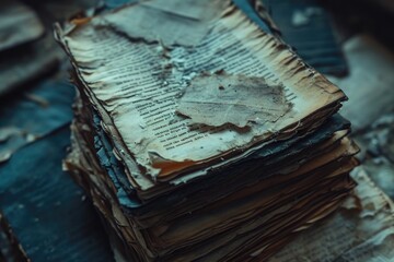 Poster - A stack of old books sitting on top of a table. Suitable for educational or vintage-themed projects