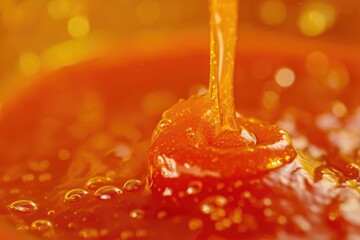 Poster - A close-up view of a spoon filled with golden honey. Perfect for food and cooking related projects