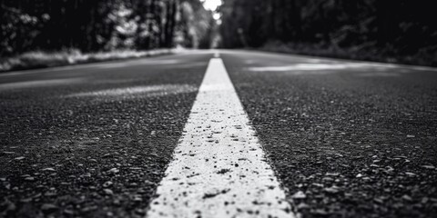 Poster - A black and white photo of an empty road. Perfect for illustrating solitude and the feeling of a journey.
