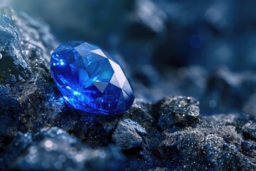 Poster - A stunning blue diamond perched atop a rugged pile of rocks. Perfect for jewelry or gemstone related projects