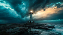 An Eerie Illustration Of An Old Lighthouse Under A Stormy Sky