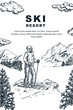 Ski winter resort travel poster, banner. Vector hand drawn sketch illustration. Skier on top of mountain background