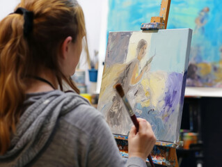 Female artist painting a picture on canvas with oil paints in art studio