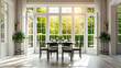 An elegant dinning room with large doors and windows