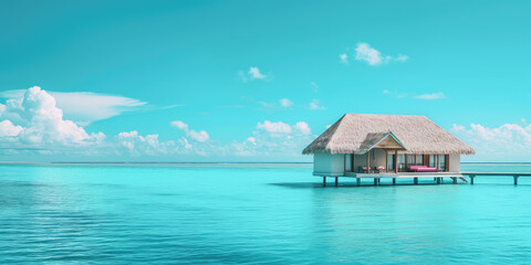 Wall Mural - Tropical Resort Paradise with Overwater Bungalows, copy space for simple banner. Panoramic view of luxury overwater bungalows with thatched roofs in a tropical island resort, serene blue ocean water.