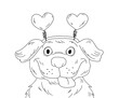 Happy cute dog wearing Valentine's heart shape headband. Black and white drawing.