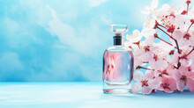Cherry Blossoms On A Blue Background And Perfumes Bottle