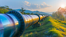 Natural Gas Pipeline Winding Through A Landscape,Energy Industry, In A Rural Setting.