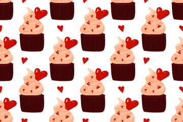 Wall Mural - Seamless pattern with chocolate cupcake for Valentine's day with cream cap and hearts on white background. Cute pattern with cupcake and hearts