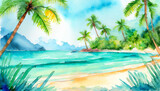 Fototapeta  - Watercolor Art Painting: Tropical Oasis Vibrantly Leisurely at Midday