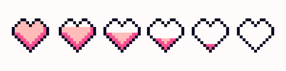 Set of different pink hearts in pixel art style. Pixel game life bar. Pixel icon, vector illustration isolated on white background. Vector 8-bit retro style illustration.
