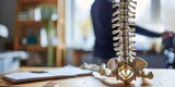 Fototapeta  - Spinal model on desk in therapist's office, adult male undergoing spine evaluation by physiotherapist with blurred background.