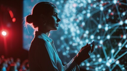 A youthful woman educator presenting a data science lecture in a dim lecture hall with a projected slideshow featuring AI neural network structure. Idea of business startup and learning.