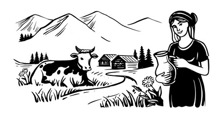 Wall Mural - Cow with nature landscape vector hand drawn.