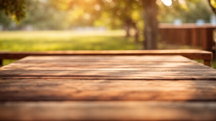 Wall Mural - Empty wooden table for product display montages in the park with nature background ,photo for product display montage, high quality photo
