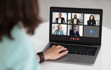 Poster - Multiethnic group of people using laptop for online conference meeting