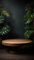 Wall Mural - empty round wooden table and tropical leaves on dark background. for product display. high quality p