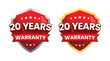 20 years warranty label, logo, icon badge. minimalist shiny red gold silver shield. Vector design