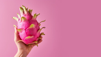 Hand holding dragon fruit isolated on pastel background