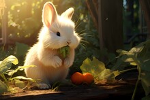 A Fluffy Bunny Nibbling On A Carrot In A Sunlit Garden.