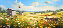 A Beehive With Bees In An Apiary And Flowers In A Meadow.