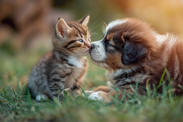 Heartwarming puppy lovingly kissing a kitten.Dog kiss cat.Pet lover, Friend forever valentine theme