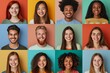 Collage of portraits and faces of smiling multiracial group of various diverse people for profile picture on a pastel background
