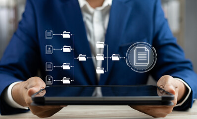 Fototapete - Document management system concept (DMS), Businessman working laptop virtual screen icons folder and document management system, Software for archiving, Searching and managing files corporate document