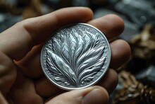 Close-up Of A Hand Holding A Silver Coin With Intricate Leaf Design, Against A Blurred Background.