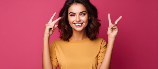 Wall Mural - Portrait cheerful young woman model posing on vibrant color background. Generate AI image