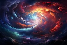 Illustration: Twisted Spiral Of Colorful Clouds, Futuristic Patterns, Heavy Clouds, Star, Spaceship, Space. Generative AI