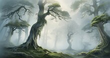 An Image Of An Ancient Forest Blanketed In Mystical Fog. Visualize Twisted Trees Draped In Moss, The Fog Weaving Through The Branches. AI Generativ - Generative AI