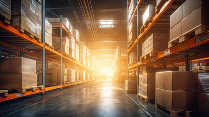 Wall Mural - Retail warehouse full of shelves with goods in cardboard boxes, with pallets. Logistics and transport. Product distribution center. Selective focus.