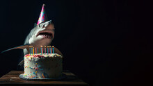 Picture Of Shark Wearing A Birthday Hat In Front Of A Birthday Cake Isolated On Black Background