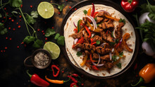 Fajitas With Colorful Bell Peppers In Pan A
