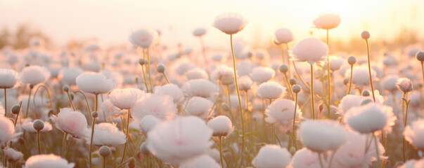 Wall Mural - Landscape of white flowers blur grass meadow warm golden hour sunset sunrise time.