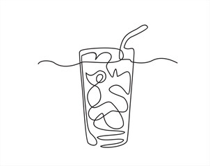 Continuous one line drawing of Drink Glass with ice cubes. Cocktail with straw and ice cubes. Line art style. Vector illustration