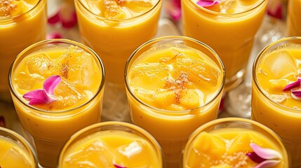 Wall Mural - Mango lassis with mango and ice cubes, refreshing traditional Indian yogurt fruit smoothie drink for summer heat