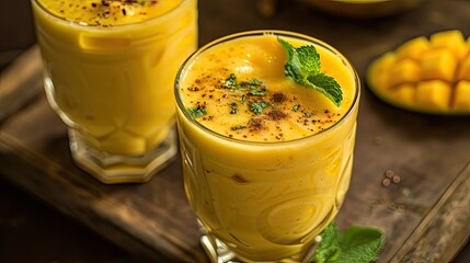 Wall Mural - Mango lassi with mint and mango ice cubes, refreshing traditional Indian yogurt fruit smoothie drink for summer heat