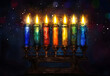 Traditional Kwanzaa kinara in watercolor style with metal stand and the gentle flicker of the seven candles, representing unity and community. Suitable for cultural and holiday themed designs.