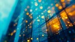 Office buildings in blue lights at dusk, in the style of contemporary glass, bokeh, light turquoise and gold, abstraction-creation, luxurious textures, lens flares, stylish
