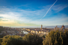 Beautiful Cityscape Skyline Of Firenze (Florence), Italy, With The Bridges Over The River Arno. High Quality Photo