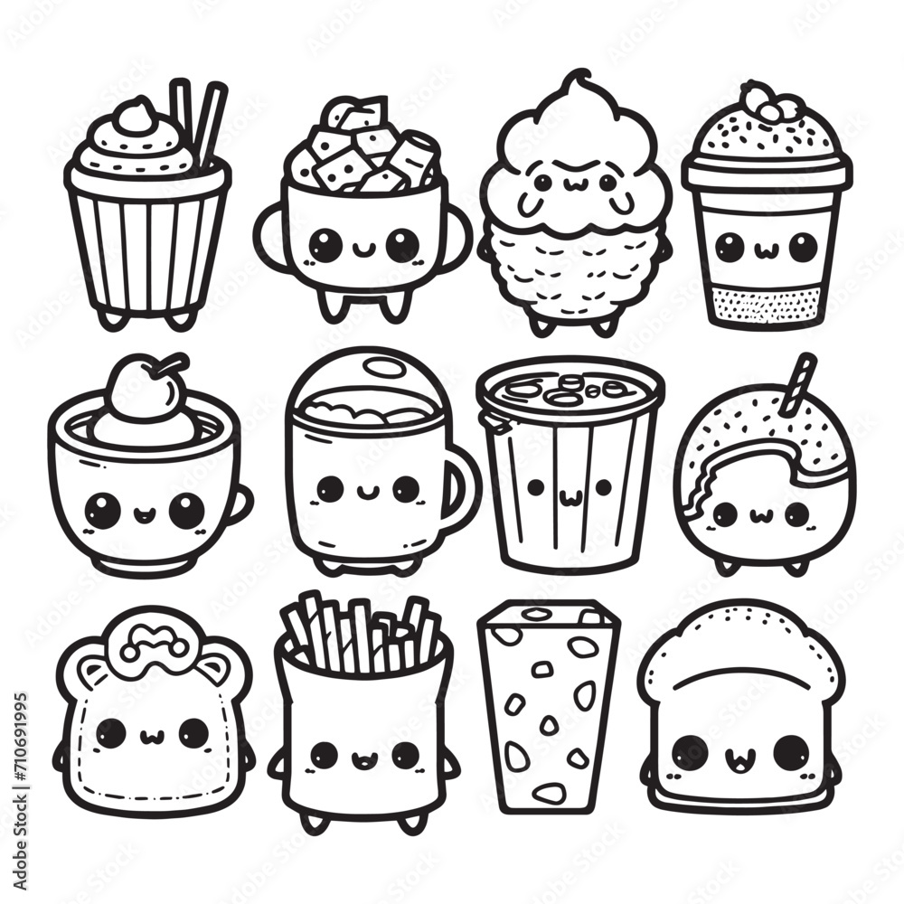 Vetor kawaii food coloring page Vector doodle illustration with Hand ...