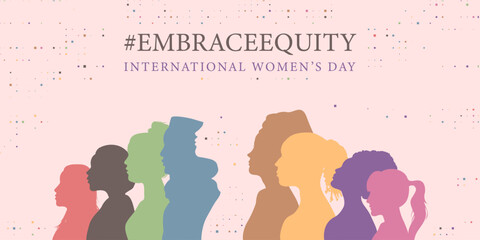 international women's day banner illustration with different women's face shapes embraceequity