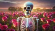 neon skeleton on the background with roses