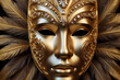 Golden carnival Venetian mask decorated with crystals and feathers