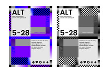 Graphic Design Poster Gradient Checkerboard Shape Template Flyer Modern Color Blue Purple Black White Monochrome Unique Aesthetic Abstract Concept Creative Cover Art Geometric Exhibition Layout Show