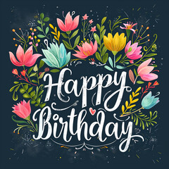 Poster - Happy Birthday Lettering postcard greeting card with flowers spring, letter, calligraphy