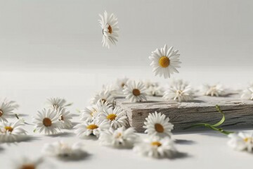 Wall Mural - 3D background, wood podium display. White daisy flower falling. Cosmetic or beauty product promotion step, pedestal on bright backdrop. Chamomile Spring backdrop. generative ai.