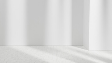 Aufkleber - Bright empty room with sunlight from windows, white blank plaster wall and white wooden floor, white empty wall, empty wall and wooden floor stage and product placement, empty room sunlight